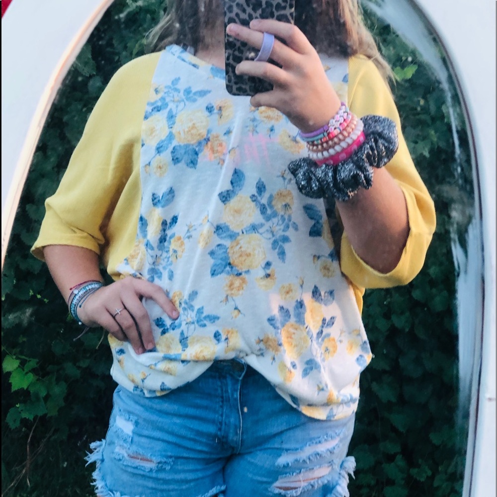Yellow blue and white floral shirt